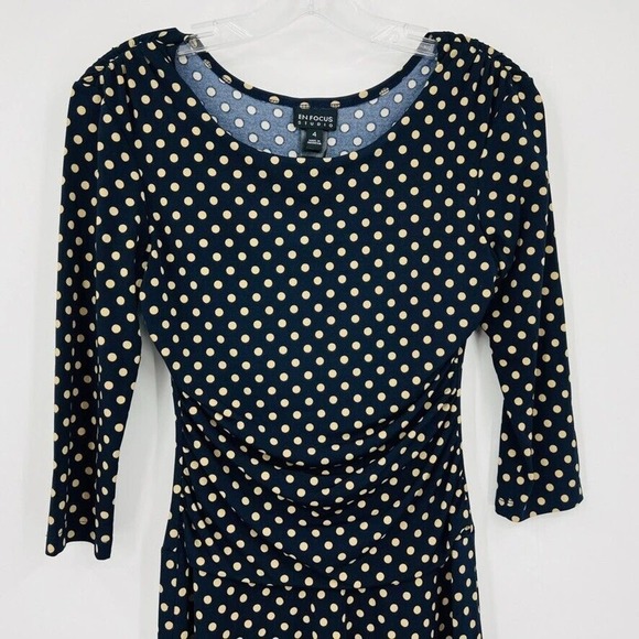 Enfocus Studio Womens 4 Blue Cream Polka Dot Dress 3/4 Sleeve Stretch - Picture 2 of 8